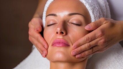 Close up of relaxed young woman receiving professional facial massage with moisturizing oil in luxury spa salon - Powered by Adobe