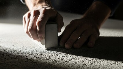Hands refine a concrete surface with meticulous sanding process in low light