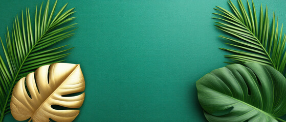 Festive tropical leaves with gold accent and green background christmas cheer