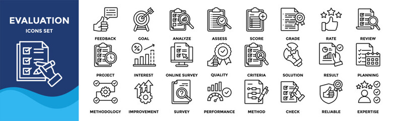 Evaluation icon set collection in solid glyph style. an icon pack contain assess, review, score, rate, grade, project, analyze