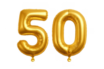 Golden fifty number balloons celebrating 50th birthday party, anniversary, wedding, or special milestone event on transparent background