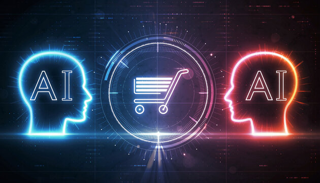 AI Shopping Evolution: A digital illustration showcasing the convergence of artificial intelligence and online commerce, symbolized by interconnected human profiles and shopping cart icon.