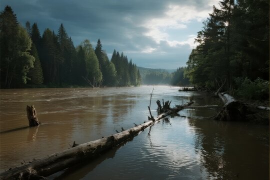 A serene river scene with fallen logs and dense forest under a cloudy sky