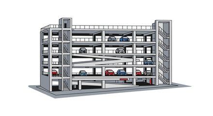 Multi-story parking garage structure with cars inside against a white background.