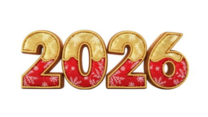 Festive golden 2026 new year design with red and white snowflakes