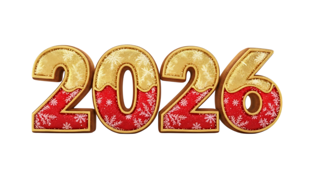 Festive golden 2026 new year design with red and white snowflakes