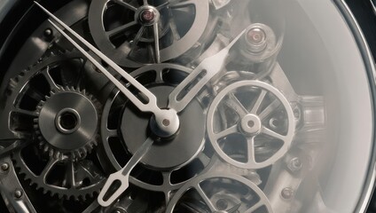Close up of intricate clockwork mechanism with gears and hands.