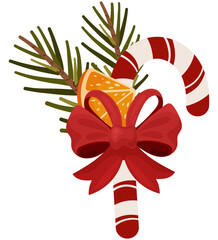 Candy Cane Christmas Decoration with Bow and Orange Slice - Festive Illustration