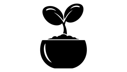 Black silhouette of a young plant sprout growing in a pot, symbolizing growth and new beginnings, isolated on white.