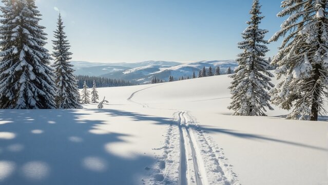 Fototapeta Ski resort mountain slopes snow-covered pine trees winter. Alpine landscape skiing tracks chairlift blue sky. Sports recreation vacation travel concept