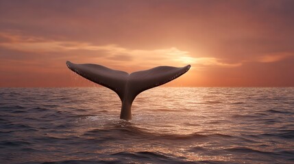 Fototapeta premium Majestic whale fluke dives into ocean waters at vibrant sunset with dramatic orange clouds in the sky