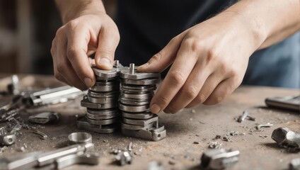 Close up of mechanic hands assembling a complex metal machine part.