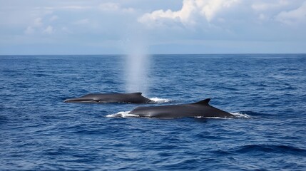 Naklejka premium Two whales exhale water spouts while swimming in the vast blue ocean under a cloudy sky