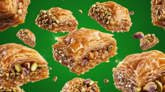 Floating Baklava Pieces on Chroma Green 6K Rotation