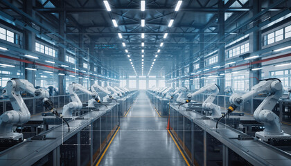 Robotics Factory: An image showcases rows of advanced robotic arms meticulously performing their tasks. The industrial setting exudes precision, automation, and technological prowess.