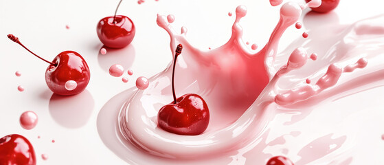 Cherry milk splashes dynamically around fresh cherries, showcasing a vibrant and creamy texture in a clean and sharp focus against a white backdrop