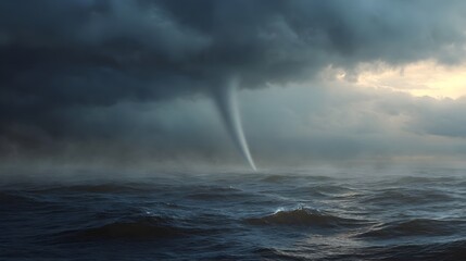 A dramatic waterspout churns the turbulent ocean waters under a dark stormy sky illuminated by the soft light of dawn