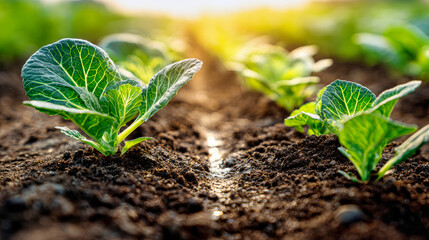 Farmers gently plant cabbage seedlings in rich soil under warm sunlight, capturing the essence of harvest season in a vibrant farm field
