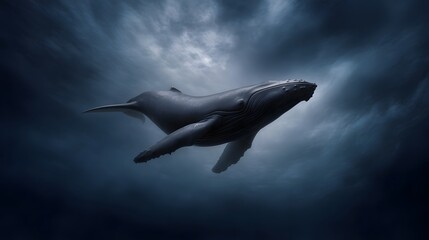 Obraz premium A majestic humpback whale swims gracefully in the deep dark ocean illuminated by ethereal light