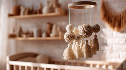 Soft shadows and natural light create a warm atmosphere in this cozy children's room. The boho-style mobile adds charm above the crib, enhancing comfort