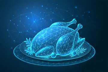 Tech-infused tradition: glowing wireframe turkey with digital garnishes on a cosmic blue backdrop blends culinary heritage with futuristic visual innovation. generative ai
