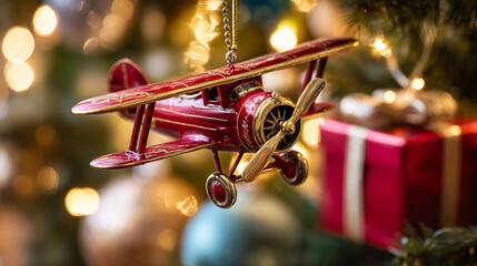 A red retro airplane ornament placed among warm festive lights and Christmas decorations. Bright holiday background for seasonal visuals, nostalgia themes, and decorative layouts.