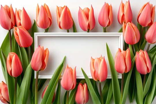 Elegant coral tulips framing a blank white frame, perfect for spring greetings