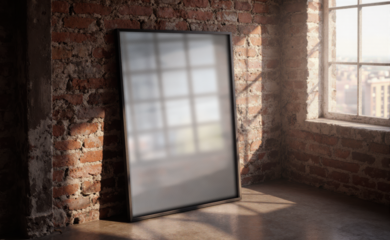 PNG Blank frame on rustic brick wall with sunlight streaming through window, perfect for showcasing art, photos, or designs in a stylish, modern setting