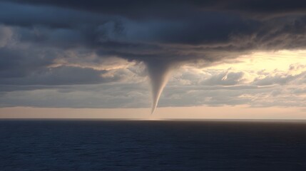 A powerful waterspout forms over the vast ocean swirling under a dramatic cloud filled sky during twilight