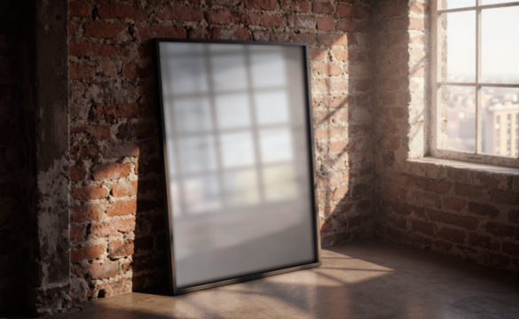 PNG Blank frame on rustic brick wall with sunlight streaming through window, perfect for showcasing art, photos, or designs in a stylish, modern setting