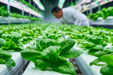Farmer in a white uniform tends to lush spinach plants in a high-tech indoor hydroponic farm, showcasing innovative growing methods for fresh produce
