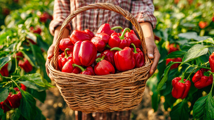 Female farmer holds a large wicker basket brimming with bright red peppers, surrounded by a lush plantation glowing in natural sunlight