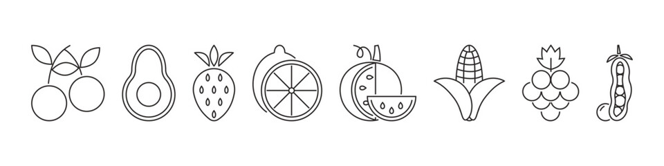 Simple set of fruit and vegetable icons. Editable stroke. Farm products, healthy ingredients: cherries, avocado, grapes, peas, lemon, watermelon, corn, strawberries. Vector illustration