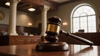A wooden gavel rests on a desk in a courtroom with columns and arched windows in the background.