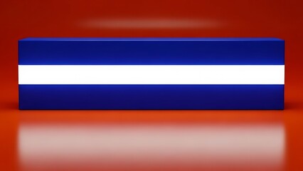 Modern Blue Block with Central White Stripe on Red Reflective Surface