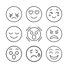 A cohesive collection of nine minimalist linear icons representing essential human emotions — from joy and love to fear and tiredness.