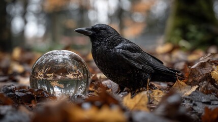 Obraz premium Crow inspects glass orb among autumn leaves in forest with blurred trees. For fortune-telling