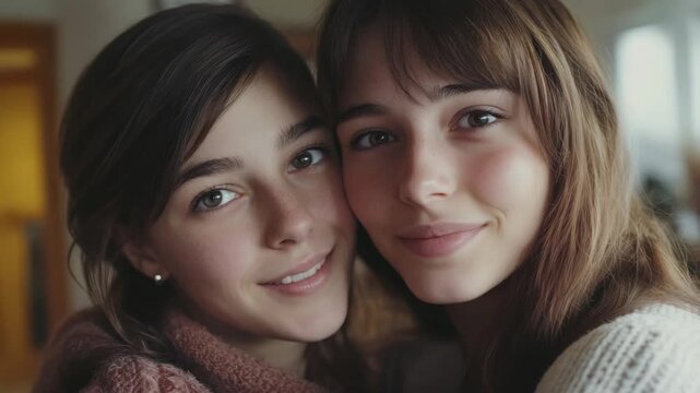 Two females close up smiling into camera with light blurred background.