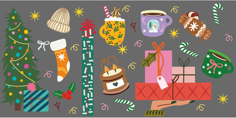 Festive Christmas illustration set with decorated tree, mittens, mugs of cocoa, holiday lights, wrapped presents, Christmas cookies, and a winter cocktail. Colorful and joyful elements