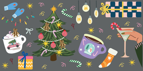A vibrant and playful Christmas illustration set filled with cozy winter elements &mdash; decorated trees, festive mugs, gifts, ornaments, candy canes, lights, and seasonal treats