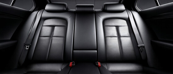 Close look at a sophisticated car rear seat featuring plush black upholstery and secure shoulder belts, highlighting elegance and commitment to passenger safety
