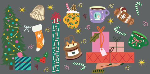 Festive Christmas illustration set with decorated tree, mittens, mugs of cocoa, holiday lights, wrapped presents, Christmas cookies, and a winter cocktail. Colorful and joyful elements