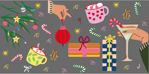 A bright holiday illustration set featuring a decorated Christmas tree, festive mugs, candles, stockings, long wrapped gifts, candy canes, and winter greenery. Ideal for holiday stationery