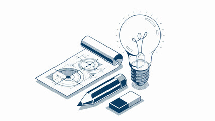 Creative engineering idea concept, light bulb with pencil and engineer blueprint plan 3D isometric vector design, engineering project, education and learning, invention and solution concept. stock ill