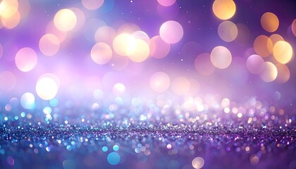 Shimmering glitter foreground leading to blurred bokeh lights in shades of purple and gold
