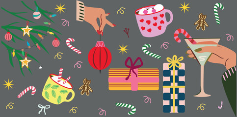 A bright holiday illustration set featuring a decorated Christmas tree, festive mugs, candles, stockings, long wrapped gifts, candy canes, and winter greenery. Ideal for holiday stationery