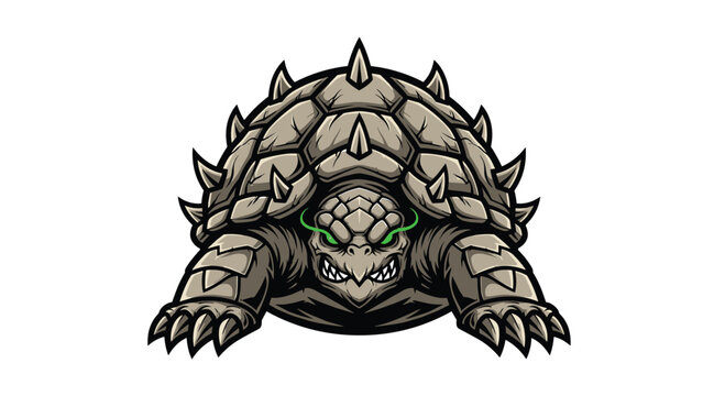 Fierce-looking armored turtle with glowing green eyes and spiky shell ready for battle.