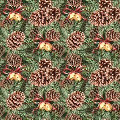 Obraz premium Watercolor pine branches with cones and round bells seamless pattern for Christmas design. Hand-drawn illustration with spruce twig for winter holiday decor. Festive background for textile, wallpaper.