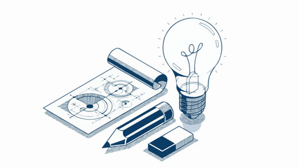 Creative engineering idea concept, light bulb with pencil and engineer blueprint plan 3D isometric vector design, engineering project, education and learning, invention and solution concept. stock ill