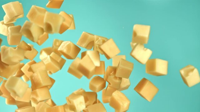 Pieces of maasdam cheese fly upwards on a blue background. Filmed on a high-speed camera at 1000 fps. High quality FullHD footage